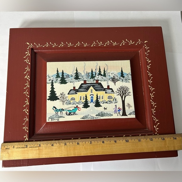 Virginia Young Folk Art Winter Scene Framed Painting on Wood - Picture 5 of 9